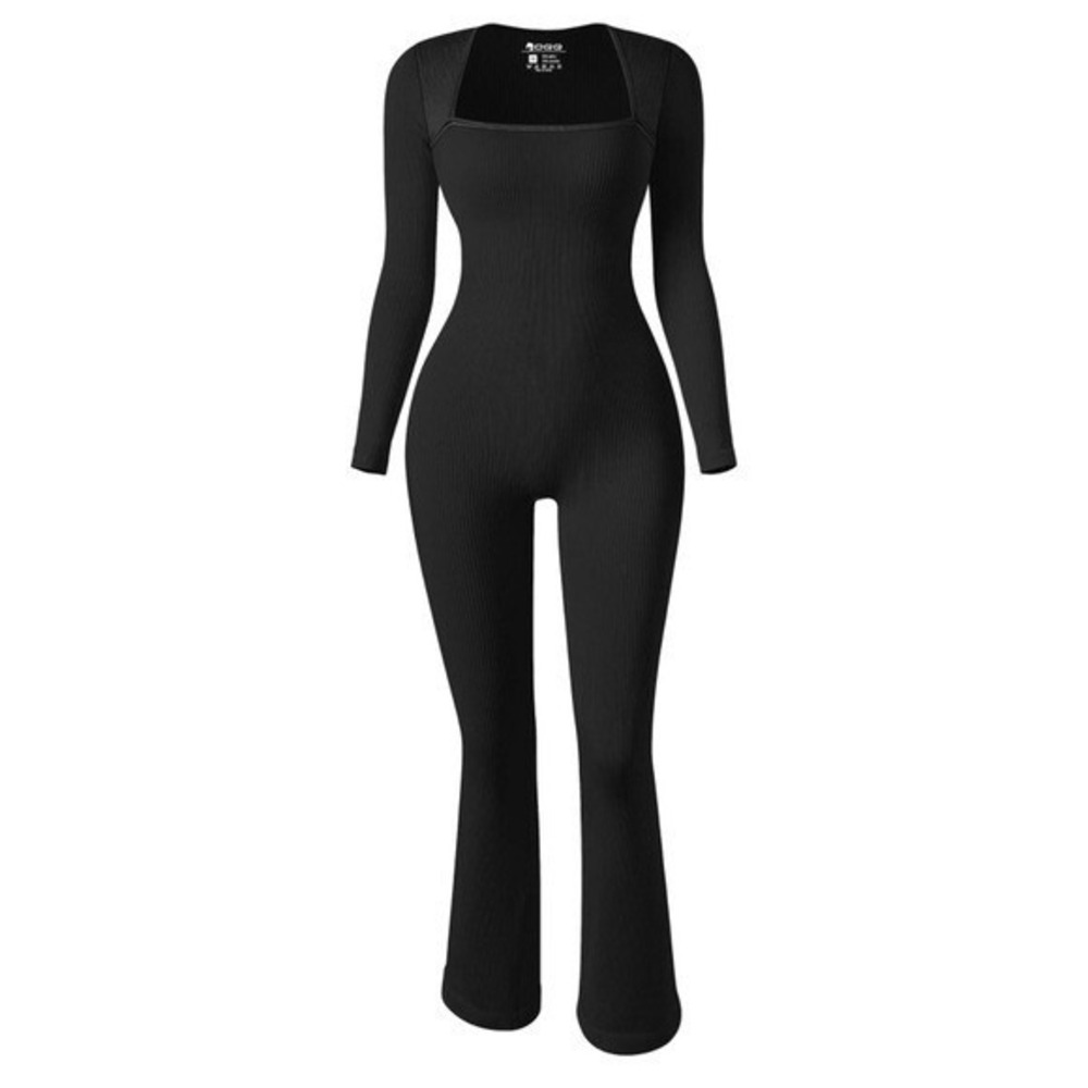 OQQ Long Sleeve Ribbed Yogaโ Flared Jumpsuit XL Square Neck NWOT Athleisure